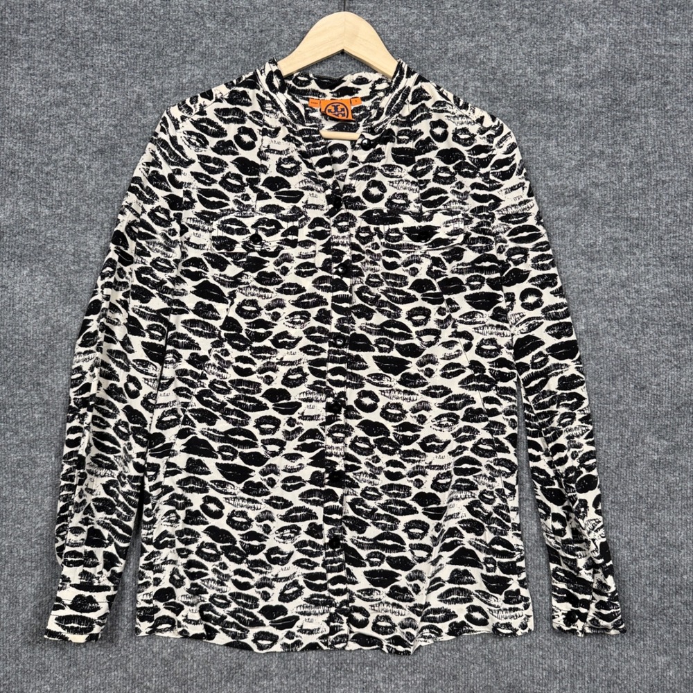 Tory Burch Womens Size 6 Henley Shirt White Silk Lips Print Pocket Long Sleeves